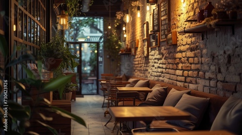 inviting café interior bathed in mood lighting, creating a cozy and intimate atmosphere