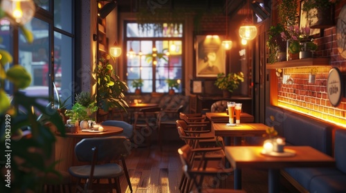 inviting café interior bathed in mood lighting, creating a cozy and intimate atmosphere © Chingiz