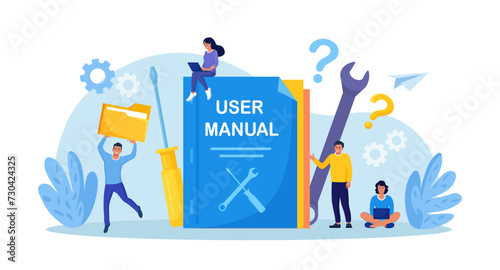 Guide instructions or handbooks. People reading user manual, guidebook or guidance. User manual book. Characters working together with useful information. FAQ