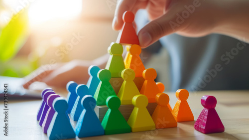 Hierarchy in society. Construction of a pyramid from multi-colored figures of people photo