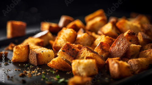 Close up of crispy croutons photo
