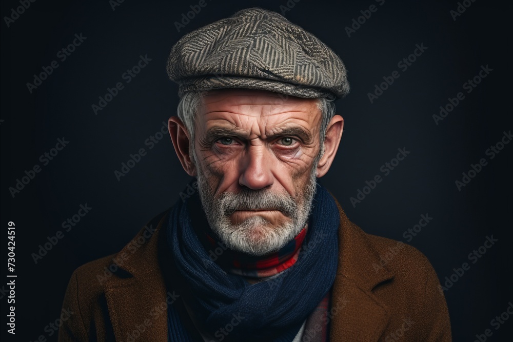 Portrait of an old man with a gray beard, wearing a hat and scarf. Portrait of an old man with a gray beard, wearing a hat and scarf.
