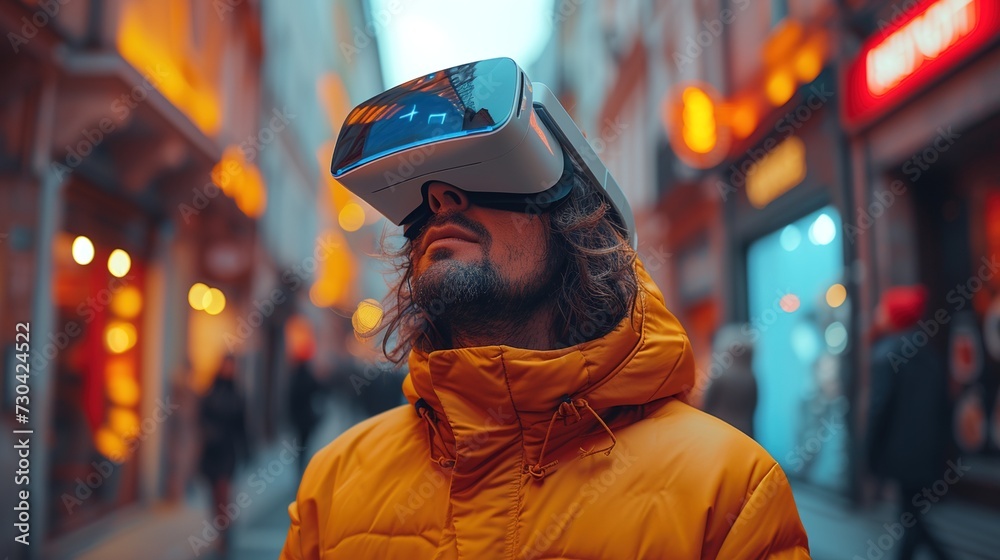 young man using a VR virtual reality glasses on the street young man using a VR virtual reality glasses on the street