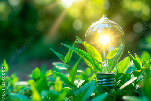 Light bulb in the garden with bokeh light on nature background. Conceptual image of environmental protection. photo