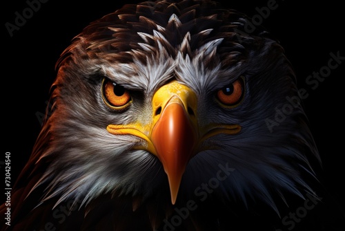 Closeup portrait of a bald eagle  front view  isolated on dark background