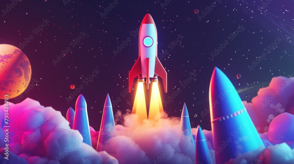 An imaginative cartoon illustration depicting a startup concept, featuring a vibrant spaceship launch, symbolizing innovation, ambition An imaginative cartoon illustration depicting a startup concept, featuring a vibrant spaceship launch, symbolizing innovation, ambition
