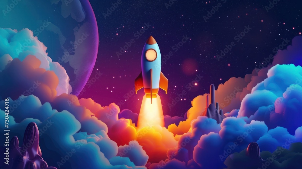 An imaginative cartoon illustration depicting a startup concept, featuring a vibrant spaceship launch, symbolizing innovation, ambition An imaginative cartoon illustration depicting a startup concept, featuring a vibrant spaceship launch, symbolizing innovation, ambition