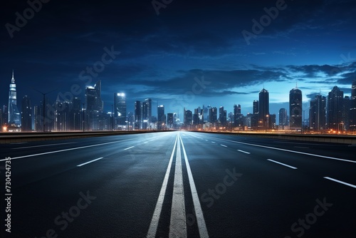 Empty highway to futuristic cityscape on the horizon under the night blue cloudy sky