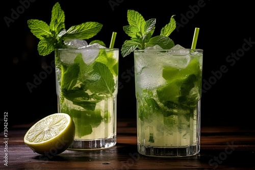 Cool Mojito cocktail green glass. Cold juice. Generate Ai