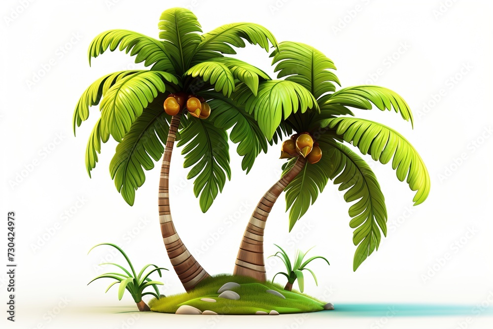 Cartoon style illustration of two palm coconut trees on a small island ...