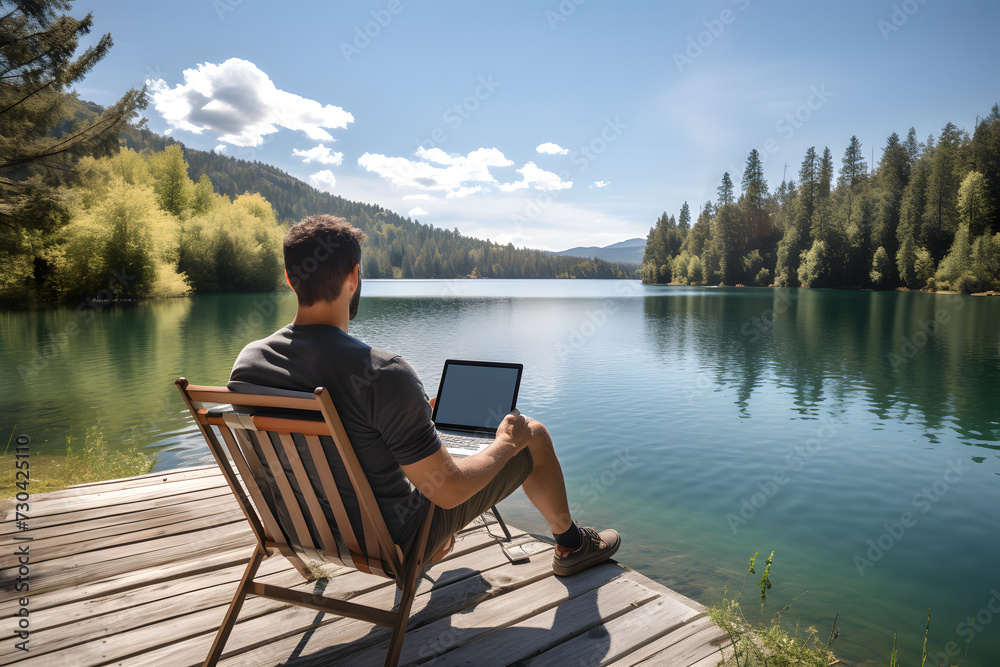person sitting at the lake with his tablet, beautiful nature and technology, sitting with tablet at a lake person sitting at the lake with his tablet, beautiful nature and technology, sitting with tablet at a lake