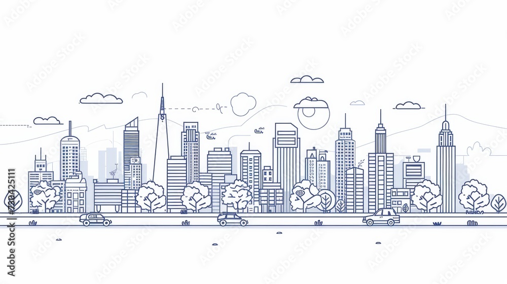 wide horizontal panorama illustration in a thin line style, depicting an urban landscape with streets bustling with cars