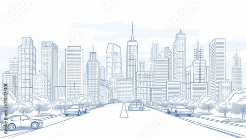 wide horizontal panorama illustration in a thin line style, depicting an urban landscape with streets bustling with cars