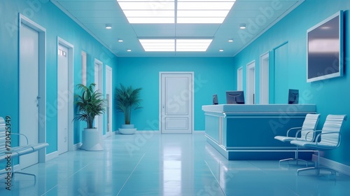 A view of an empty doctor's office, featuring a clean and professional blue and white interior, evoking a sense of calm and efficiency