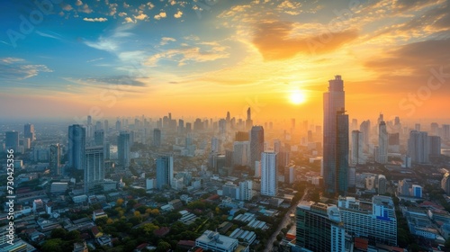 A stunning wallpaper featuring Bangkok s skyline  with towering skyscrapers set against a breathtaking autumn sunset