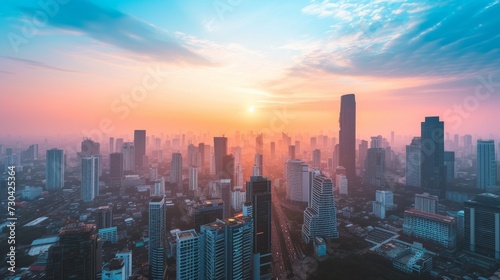 A stunning wallpaper featuring Bangkok's skyline, with towering skyscrapers set against a breathtaking autumn sunset © Chingiz