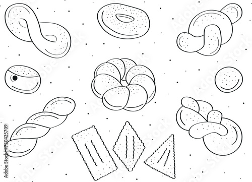 French donut, fried doughnut or beignets de carnaval. Black line vector doodle illustration of different type of round, twisted donuts for carnival season.