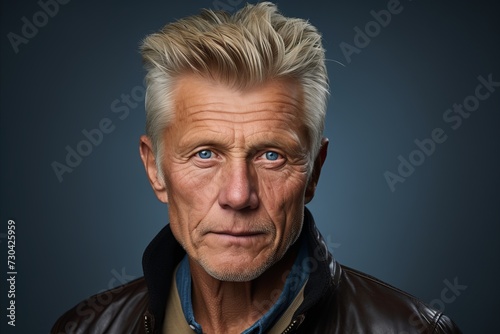 Portrait of a senior man in leather jacket over grey background. © Iigo