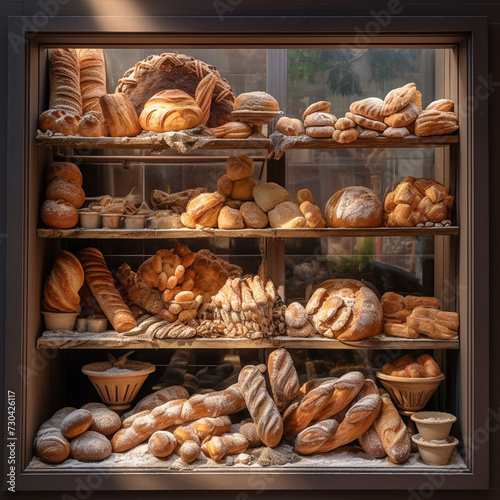 Bakery shop window and display. Various types of bread