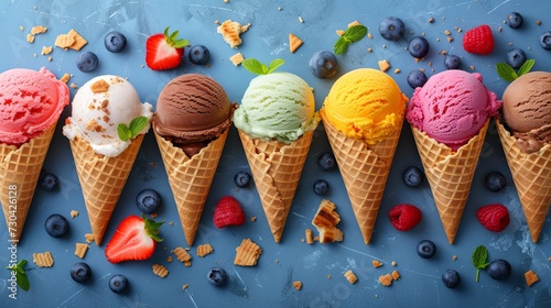 Set of various delicious ice cream. Lolly ice, cones with different topping, fruit, chocolate, caramelon blue background.