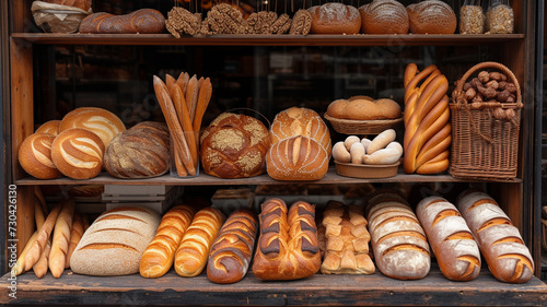 Bakery shop window and display. Various types of bread