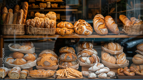 Bakery shop window and display. Various types of bread