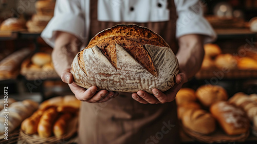 Big loaf of pread in the hands of local baker. photo