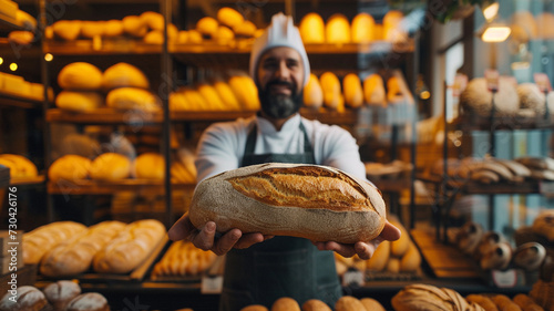 Local baker standing in his shop in front of shelves full of bread, proudly presenting his work.