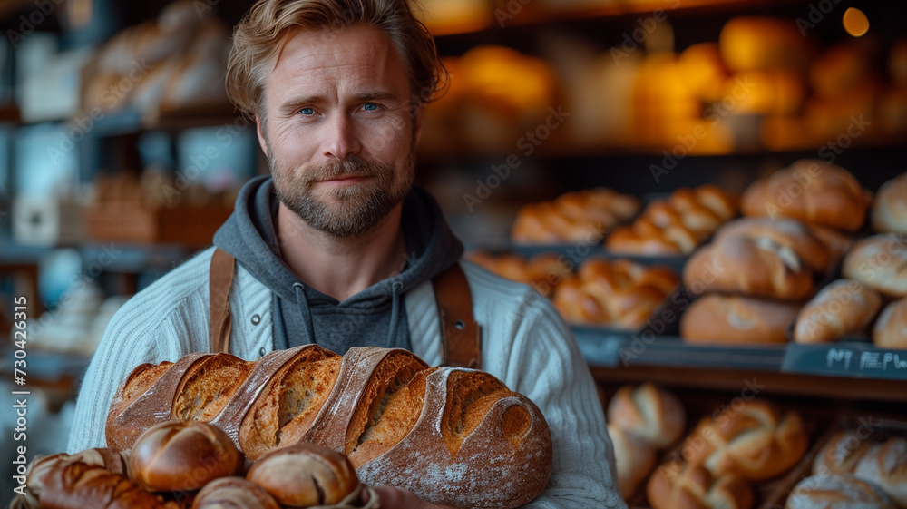 Local baker standing in his shop in front of shelves full of bread, proudly presenting his work. - obrazy, fototapety, plakaty 