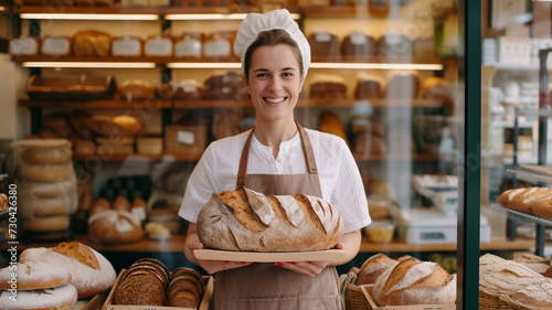 Local baker standing in her shop in front of shelves full of bread, proudly presenting her work.