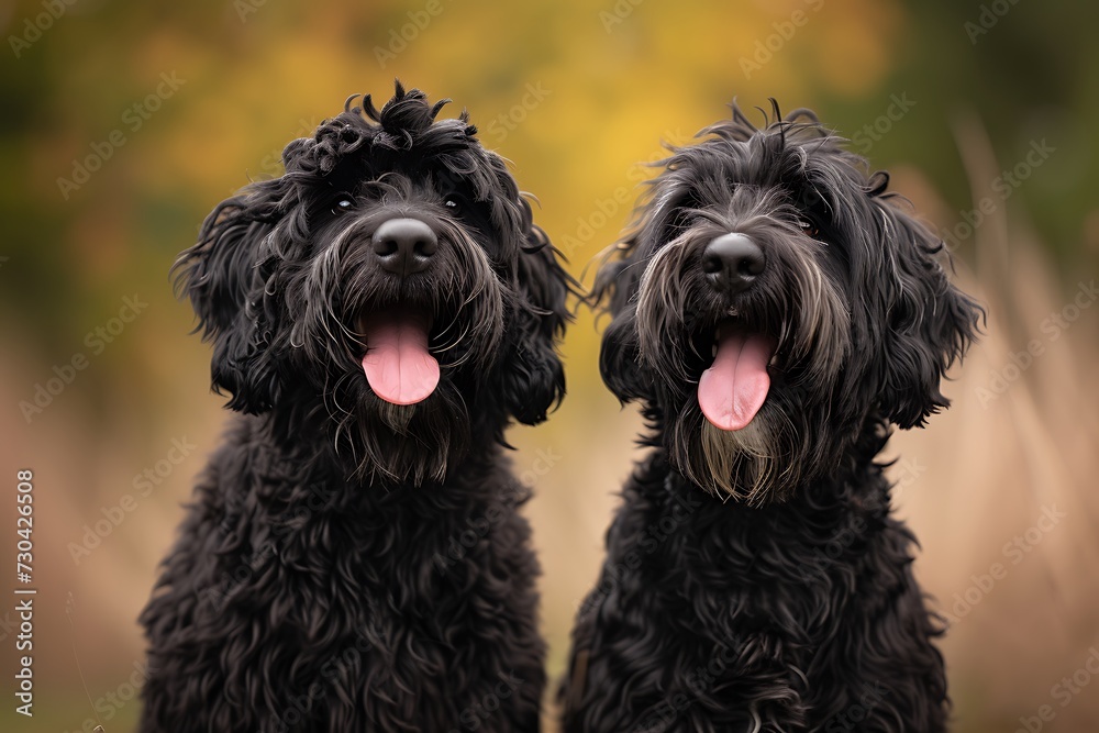 two Black Russian Terrier dogs with their tongues out on their side