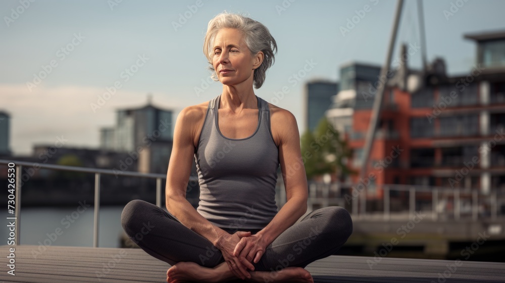 Elderly woman in sportswear gracefully practicing yoga outdoors on a sunny morning