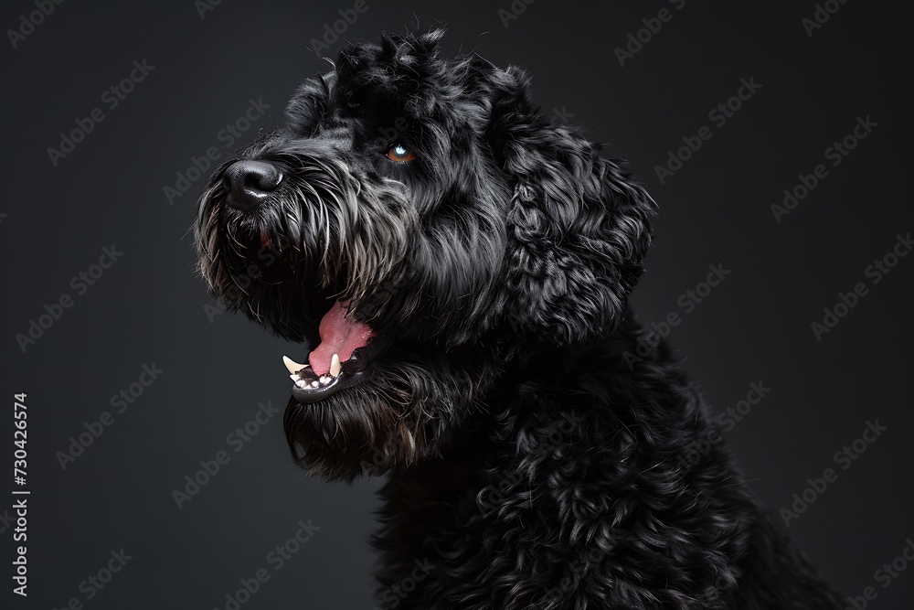 Black Russian Terrier dog with his mouth open, in the style of studio portrait