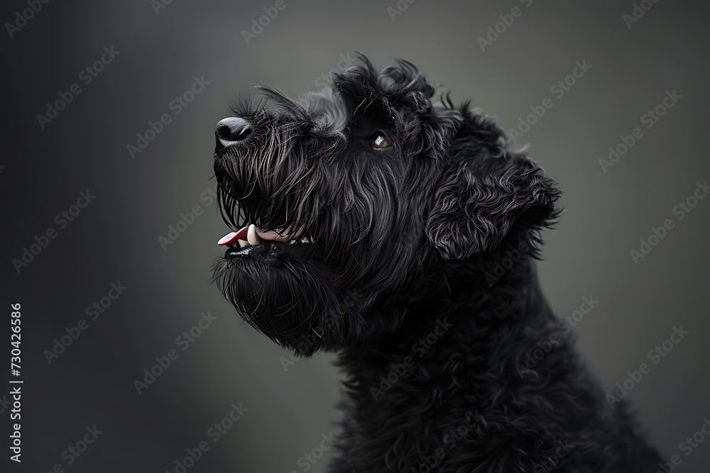 Black Russian Terrier dog with his mouth open, in the style of studio portrait Black Russian Terrier dog with his mouth open, in the style of studio portrait