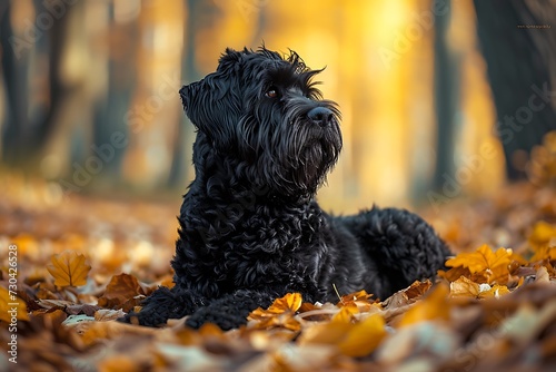 Black Russian Terrier standing in autumn leaves