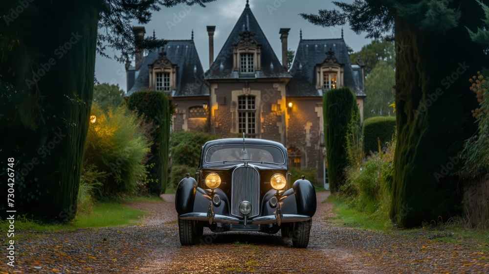Obraz premium Dark classic car with lights on in front of an old mansion - Generative AI