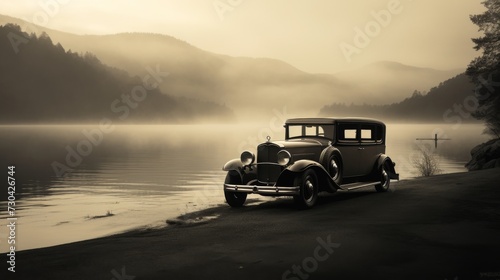 Sepia picture of an old car in front of a lake - Generative AI