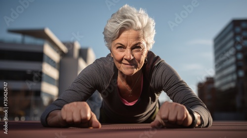 Active senior woman in sportswear practicing yoga outdoors on a clear, sunny morning