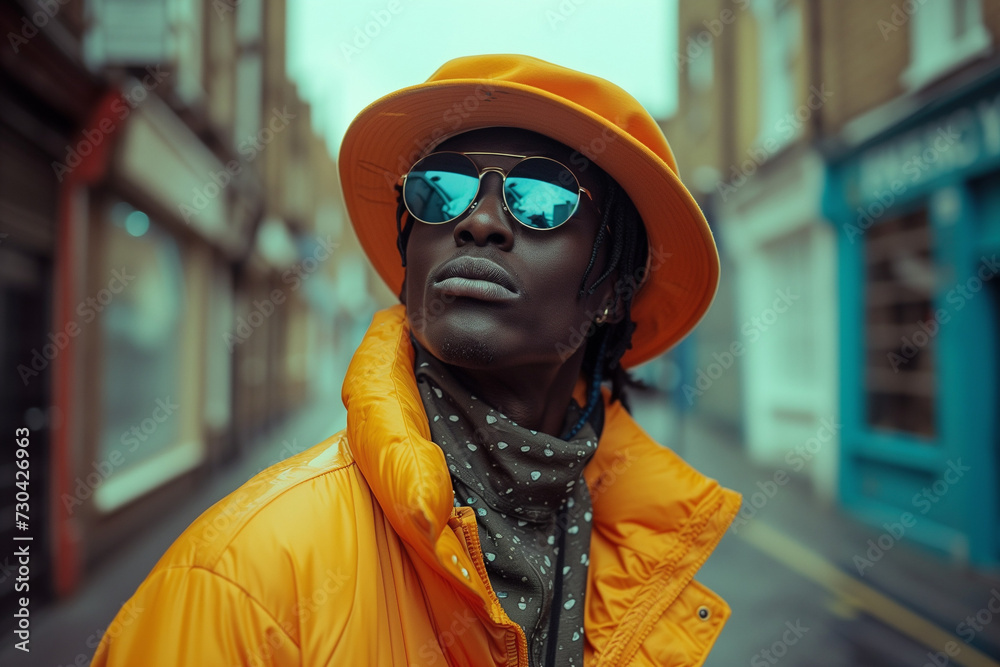 Trendy individual in vibrant orange hat and jacket, great for street fashion marketing and accessory advertising Trendy individual in vibrant orange hat and jacket, great for street fashion marketing and accessory advertising