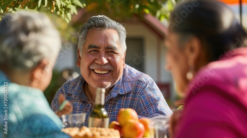 Cheerful latino or hispanic mexican man talking to his female neighbours outside on sunny day smiling with toothy smile photo