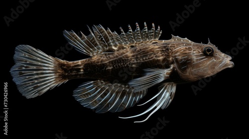 A close up of a fish on a black background. Imitation of vintage zoology book illustrations.