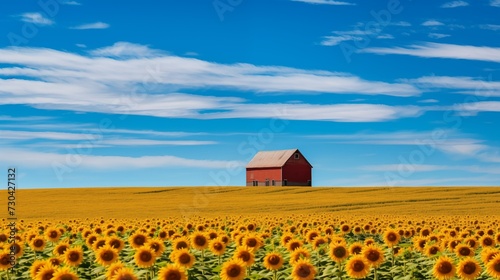 Sunflower field with a clear blue sky above and a red barn in the distance, photograph