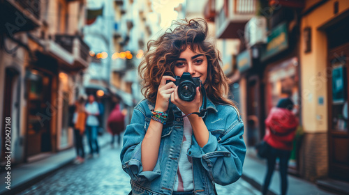 portrait of a young influencer and blogger woman with her camera in a city street with blurred background - content creator concept