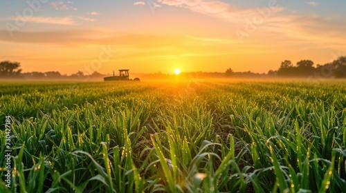 An early morning farmer s field  dew on crops  sunrise casting a golden glow  tranquil and fertile landscape. Resplendent.