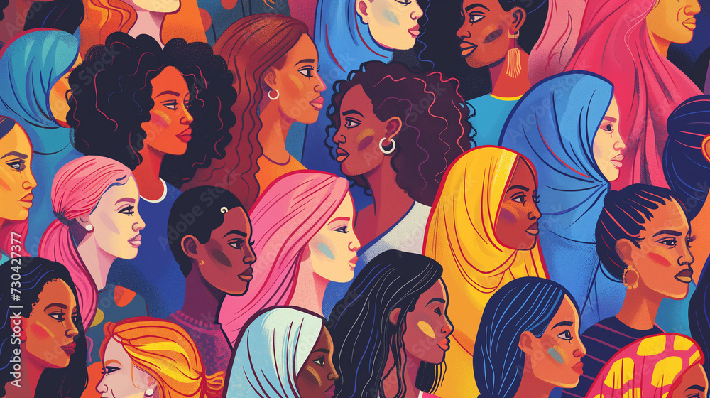 Diverse women's faces in colorful illustration, perfect for social unity campaigns and educational purposes - obrazy, fototapety, plakaty 