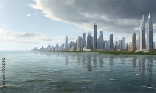 A flooded city depicting sea level rise due to climate change. environment. Earth. serious. Image generation AI 
