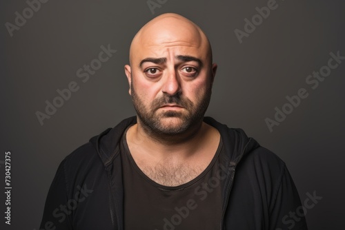 Portrait of a bald man with a suspicious look on his face