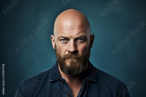 Portrait of a bald man with a long beard and mustache in a blue shirt