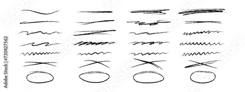 A set of hand lettering with a brush, emphasizing, strikethrough lines and ovals . Ornate swirls, decorative dividers. Underline stroke. Pencil or pen drawn lines. Vector collection of design elements