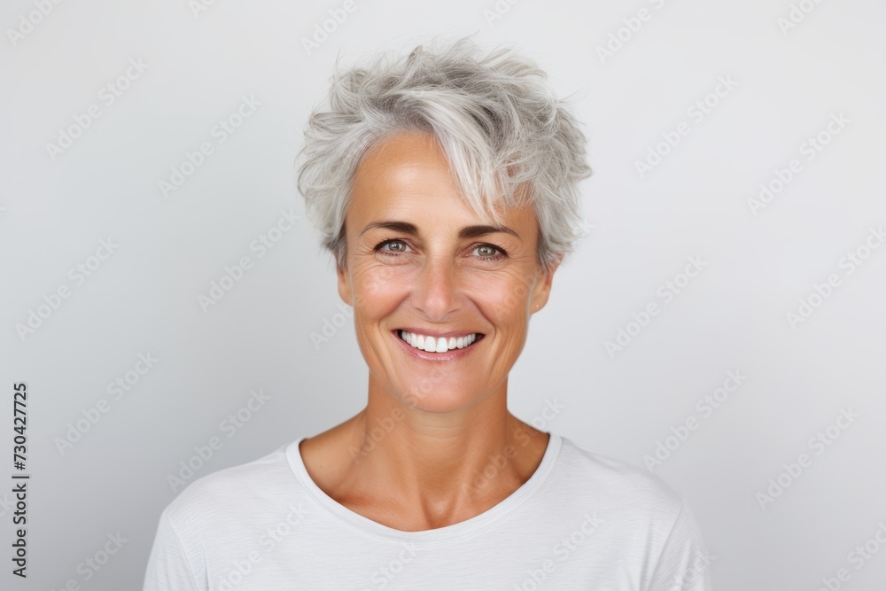Closeup portrait of a happy mature woman with short grey hair. Closeup portrait of a happy mature woman with short grey hair.